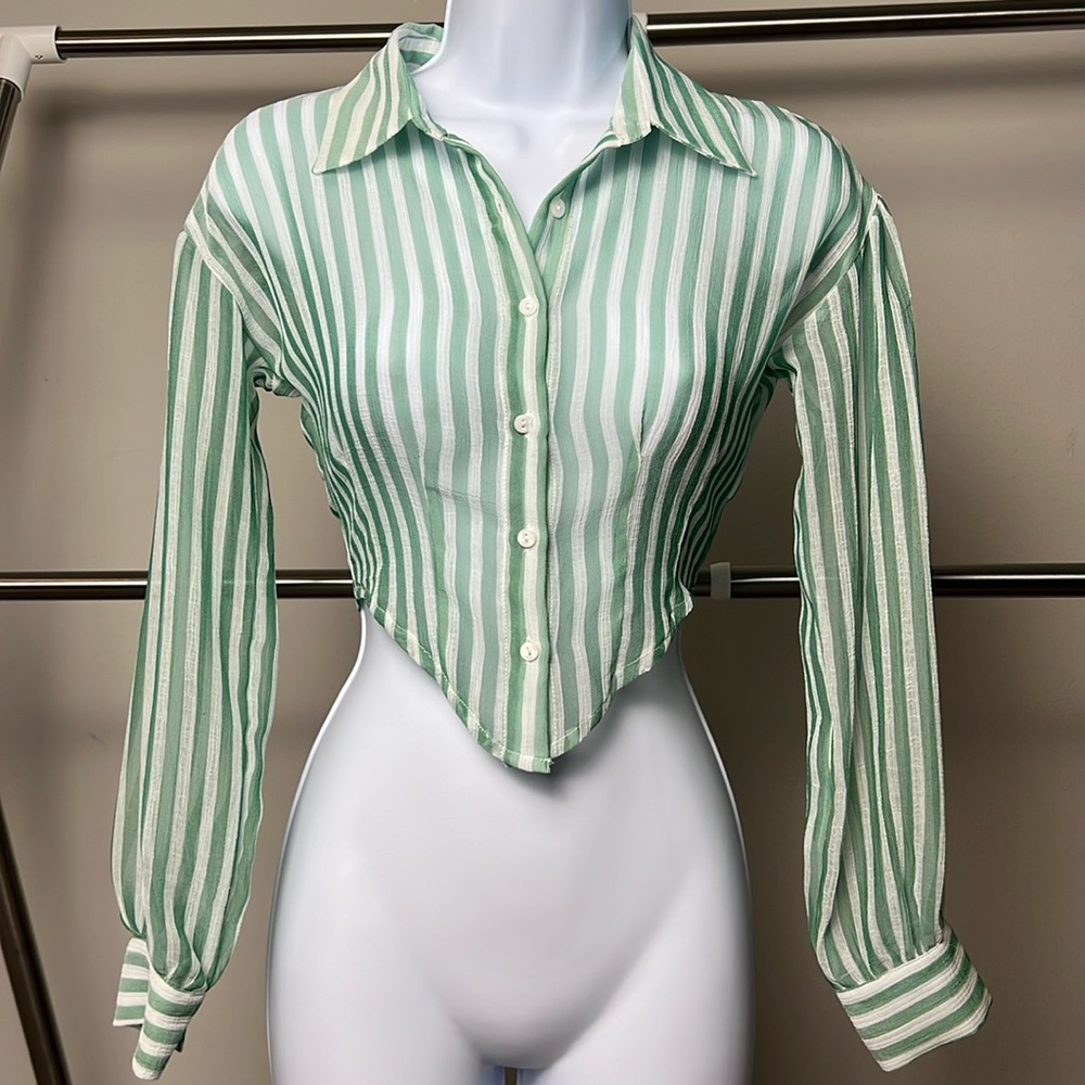 Striped Mesh Button-Up Crop Top